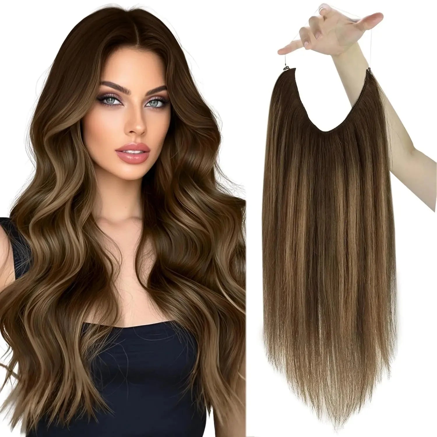 VeSunny Fish Line Human Hair Extension Remy Hair One Piece Invisible Wire Hair Weft Brazilian Hair Balayage Hair Extensions