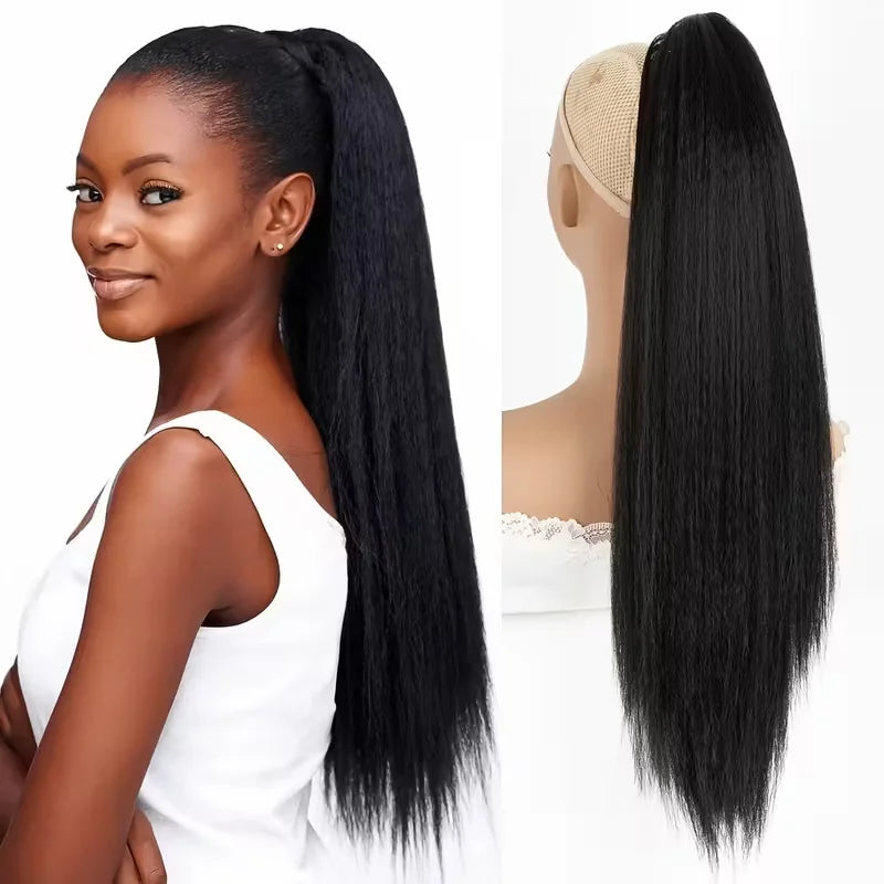 22 Inches Kinky Straight Clip-In Ponytail synthetic Hair Extensions for - Yaki Black Clip-On Ponytail with Natural Texture