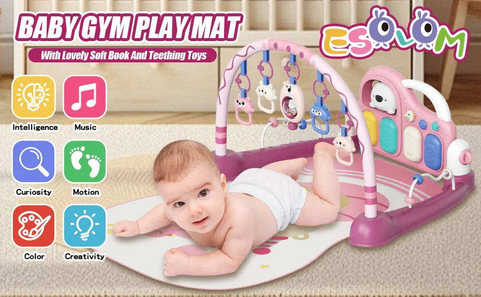 6-in-1 Baby Play Mat Gym 0-12 Months Pink – Kick Piano, Music, Lights, 5 Removable Toys+Bear Rattle – Tummy Time, Motor & Brain