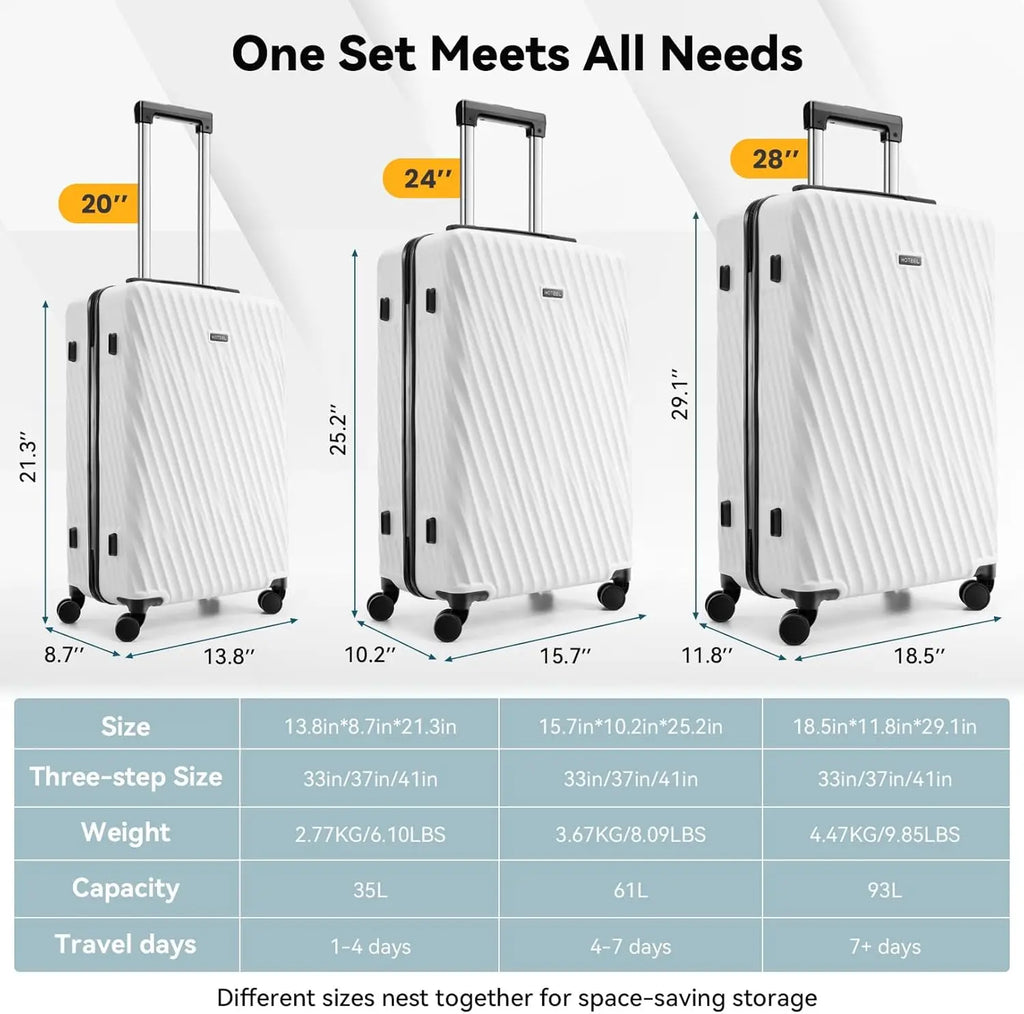 HOTEEL 3-Piece ABS Hardshell Luggage Set | 360° Spinner Wheels, TSA Lock & Waterproof Organizer (20″/24″/28″)