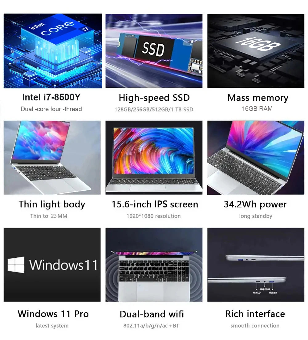 2025 15.6″ Laptop — Intel Core i7-8500Y, 16GB RAM, 1TB SSD, Fingerprint Unlock, Full HD IPS, Windows 11 Pro