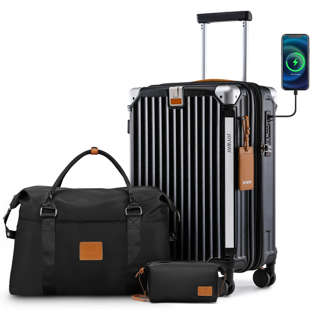 Joyway Luggage Sets 3 Piece, Expandable Suitcase with Smart Cup Holder and USB Port, Hardside Carry On Checked with TSA Lock