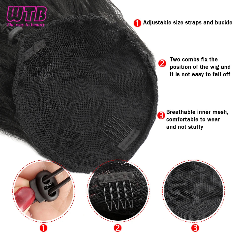WTB Synthetic Natural Black Yaki Ponytail Warping for Women Tail Wavy Drawstring Ponytail Extension Hair Bun Hairpieces
