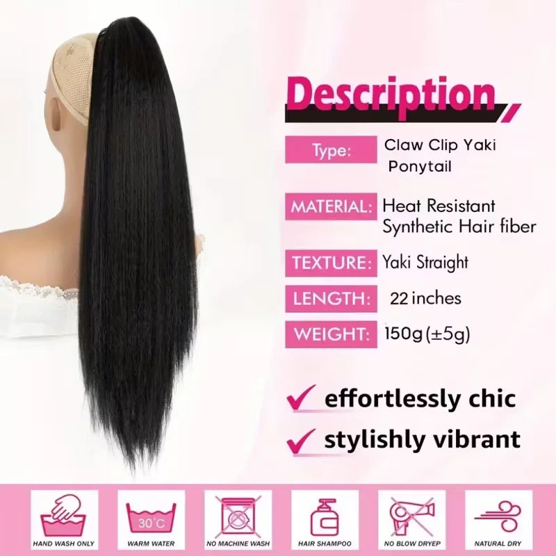 22 Inches Kinky Straight Clip-In Ponytail synthetic Hair Extensions for - Yaki Black Clip-On Ponytail with Natural Texture