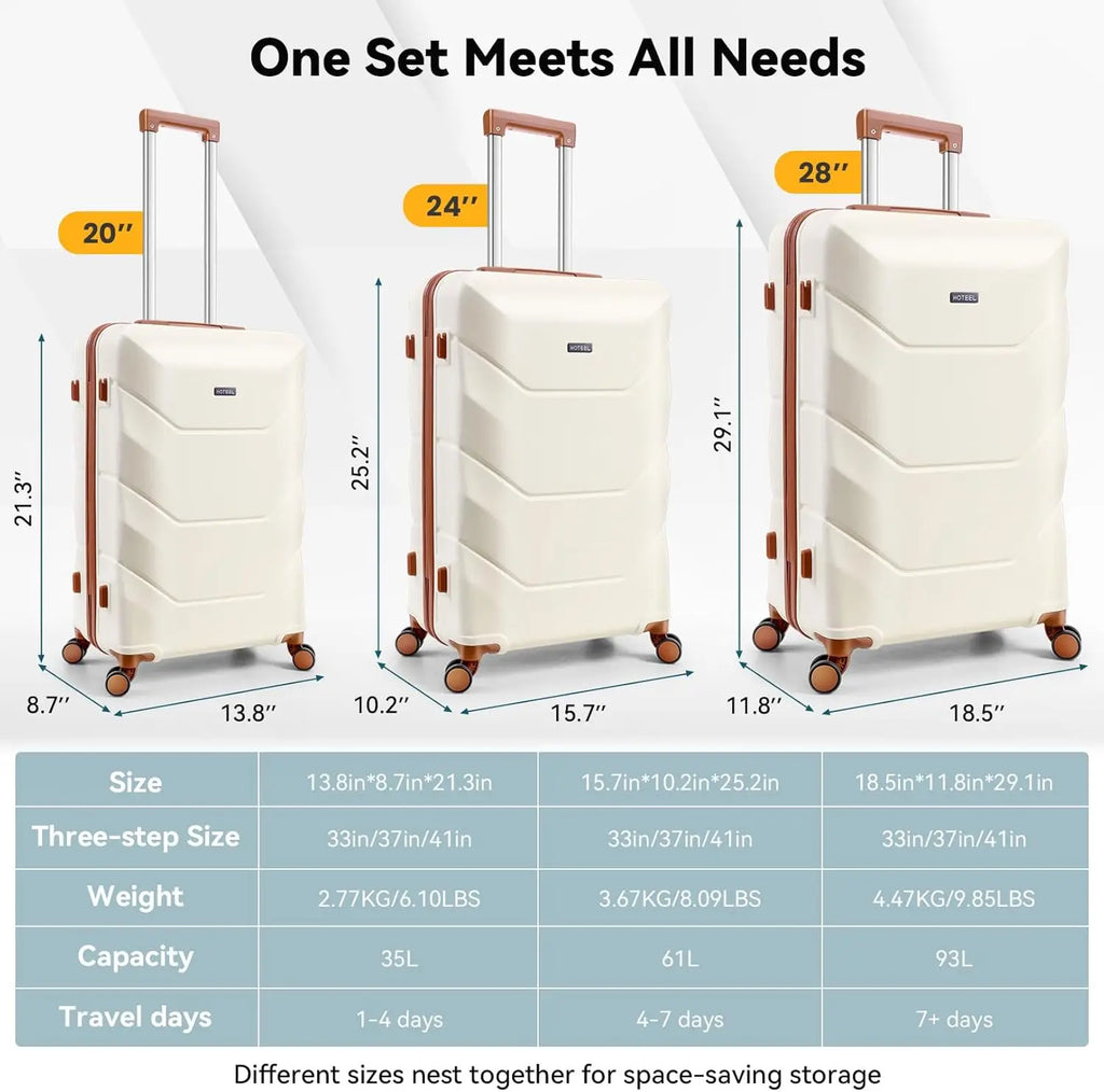 HOTEEL 3-Piece ABS Hardshell Luggage Set | Spinner Wheels, TSA Lock & Waterproof Organizer (20″/24″/28″)