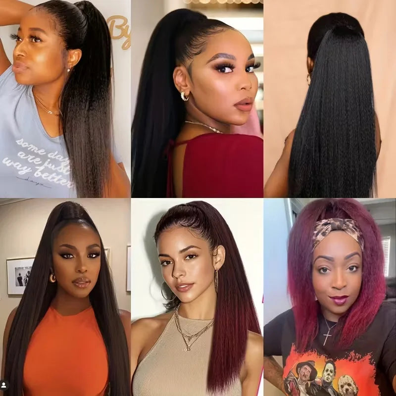 22 Inches Kinky Straight Clip-In Ponytail synthetic Hair Extensions for - Yaki Black Clip-On Ponytail with Natural Texture