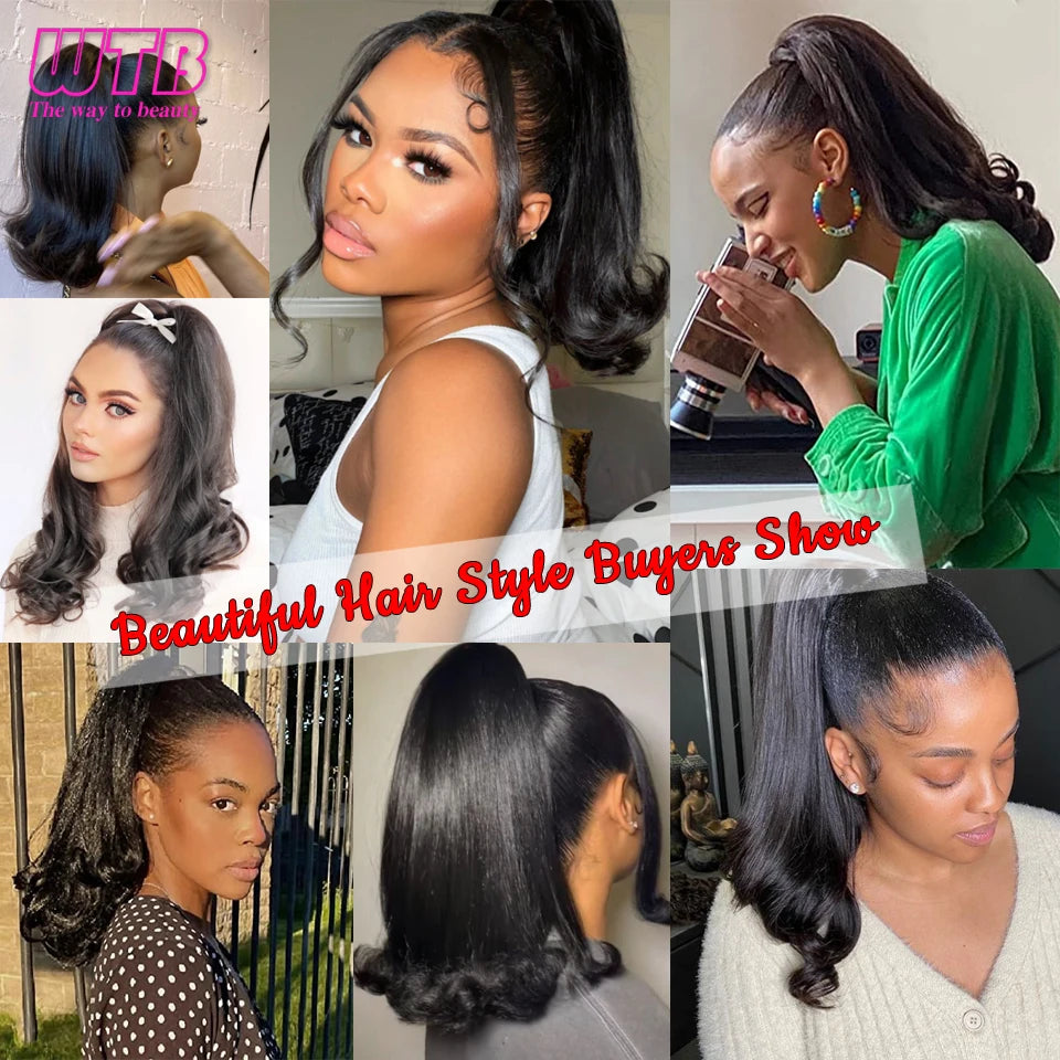 WTB Synthetic Natural Black Yaki Ponytail Warping for Women Tail Wavy Drawstring Ponytail Extension Hair Bun Hairpieces