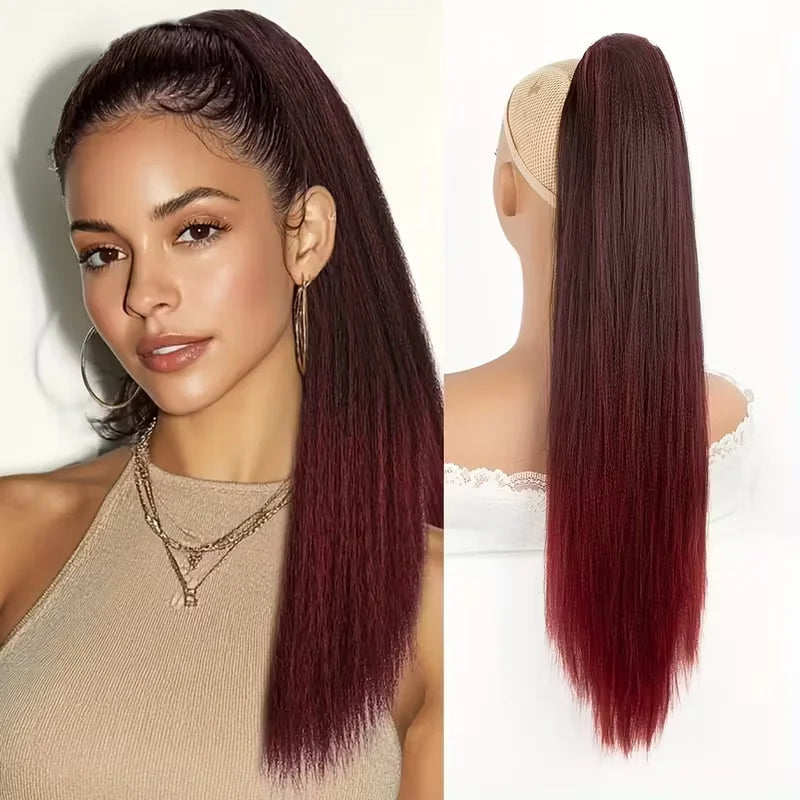 22 Inches Kinky Straight Clip-In Ponytail synthetic Hair Extensions for - Yaki Black Clip-On Ponytail with Natural Texture