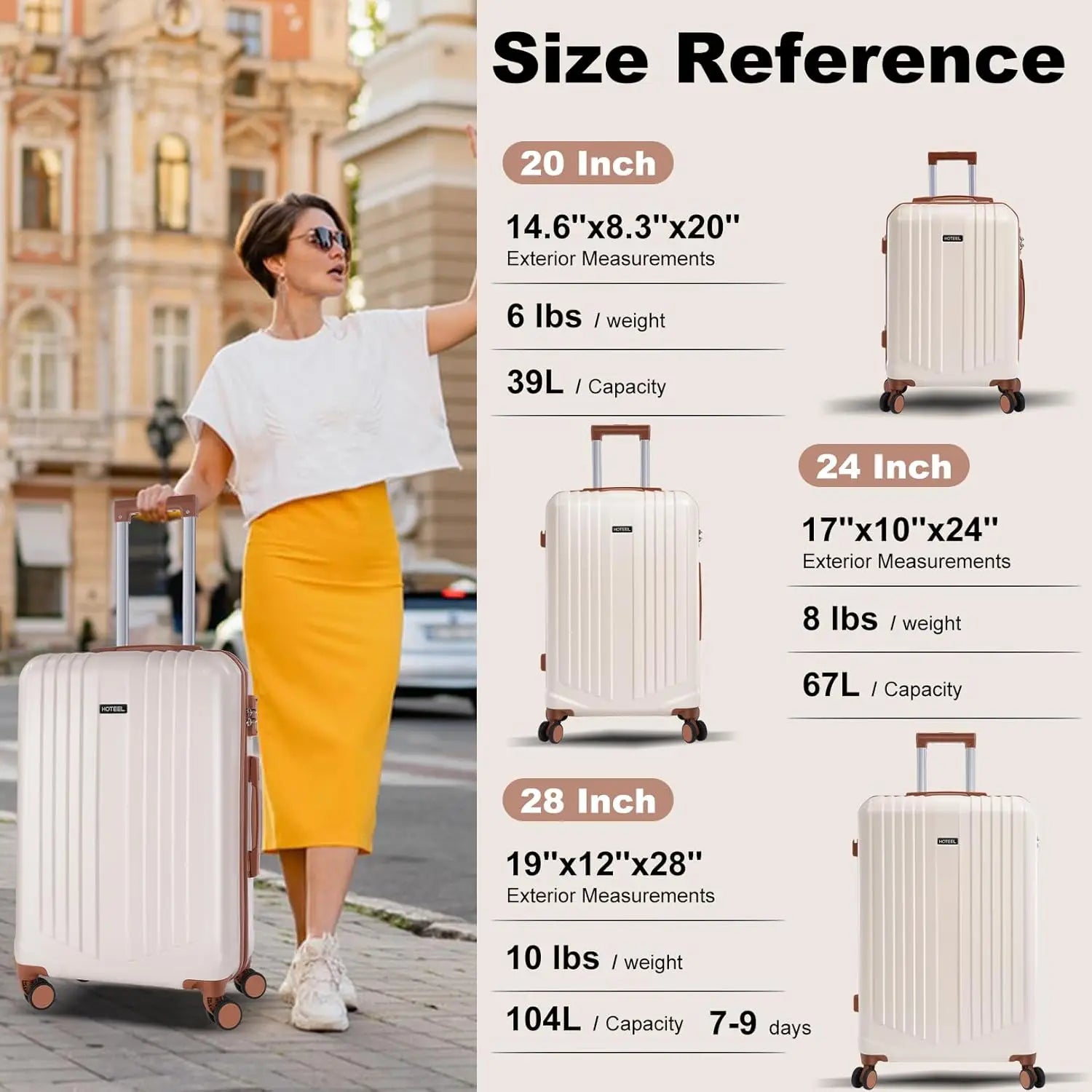 HOTEEL 3-Piece PC+ABS Hardshell Luggage Set | 360° Spinner Wheels, TSA Lock & Wet-Dry Organizer (20″/24″/28″)