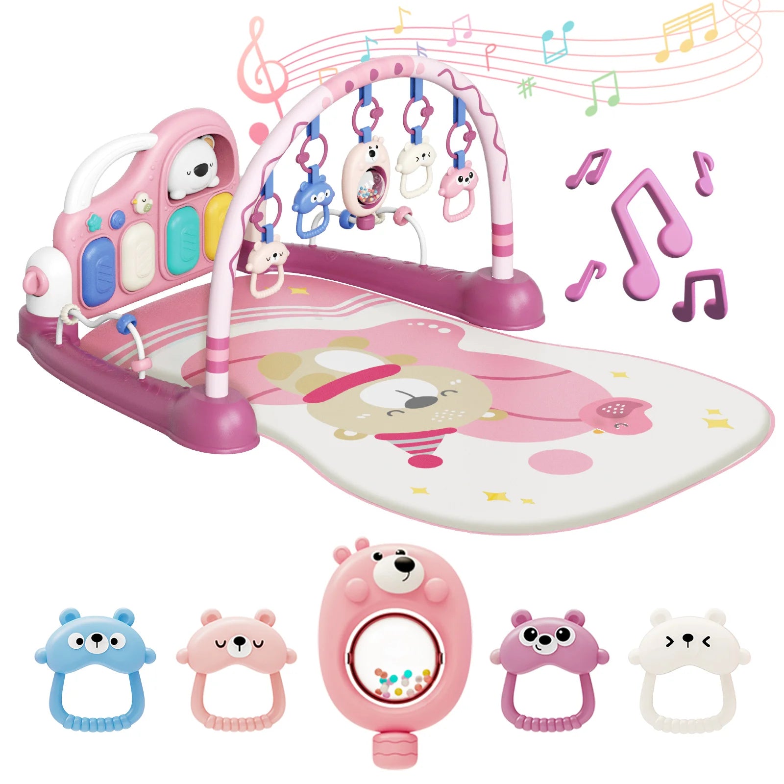 6-in-1 Baby Play Mat Gym 0-12 Months Pink – Kick Piano, Music, Lights, 5 Removable Toys+Bear Rattle – Tummy Time, Motor & Brain