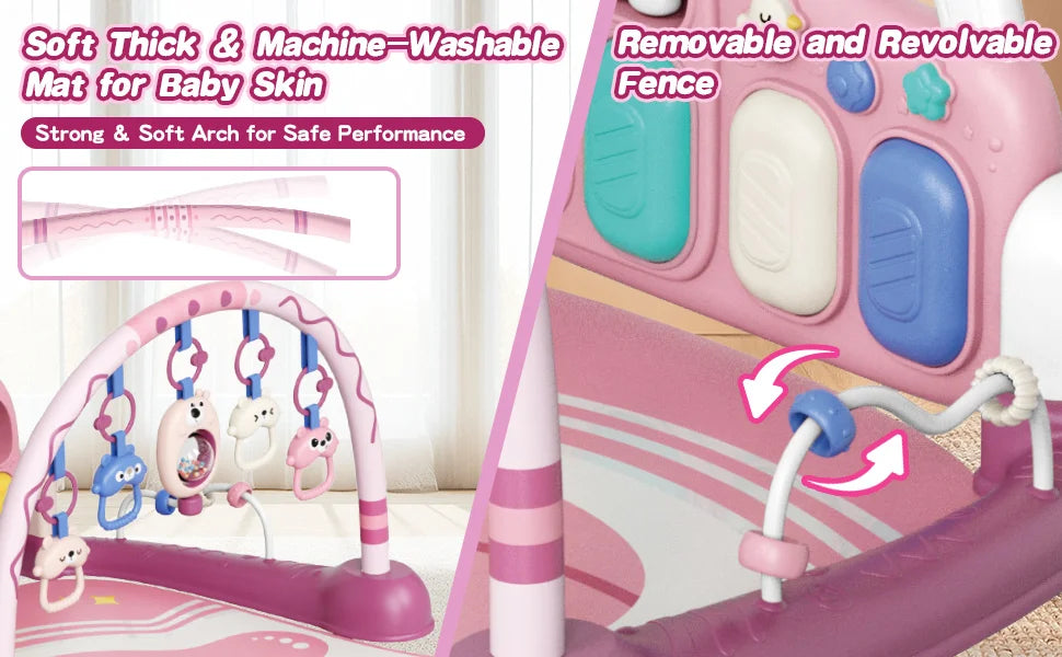 6-in-1 Baby Play Mat Gym 0-12 Months Pink – Kick Piano, Music, Lights, 5 Removable Toys+Bear Rattle – Tummy Time, Motor & Brain