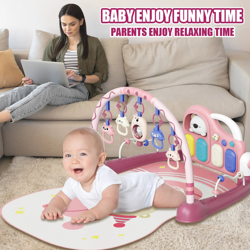 6-in-1 Baby Play Mat Gym 0-12 Months Pink – Kick Piano, Music, Lights, 5 Removable Toys+Bear Rattle – Tummy Time, Motor & Brain