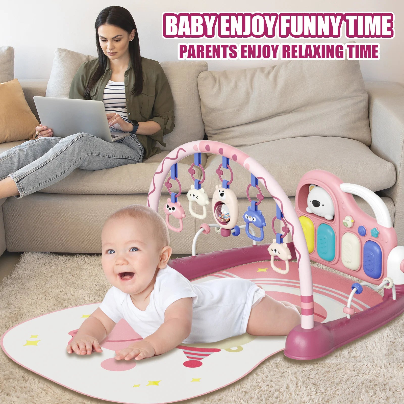 6-in-1 Baby Play Mat Gym 0-12 Months Pink – Kick Piano, Music, Lights, 5 Removable Toys+Bear Rattle – Tummy Time, Motor & Brain