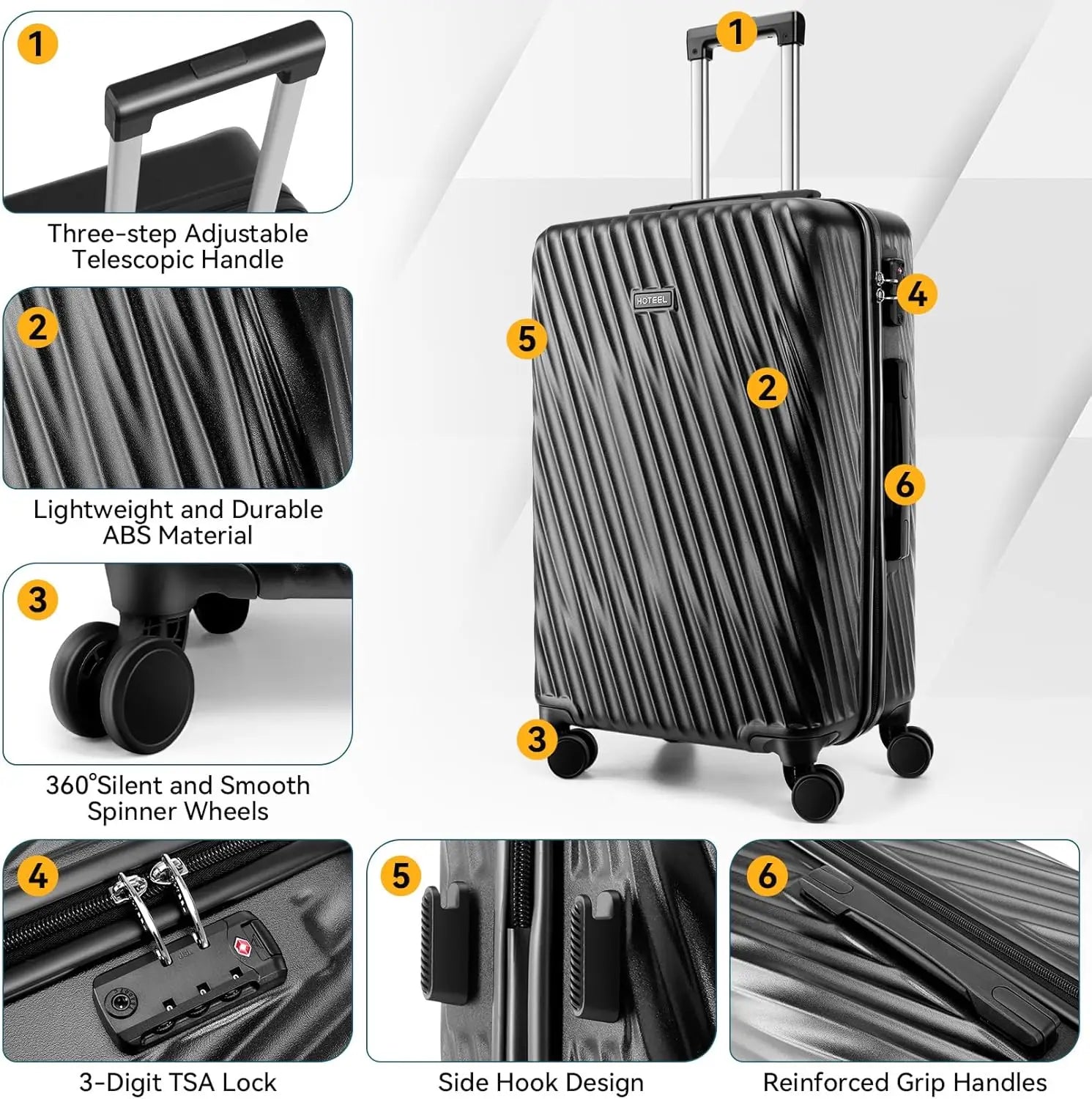 HOTEEL 3-Piece ABS Hardshell Luggage Set | 360° Spinner Wheels, TSA Lock & Waterproof Organizer (20″/24″/28″)