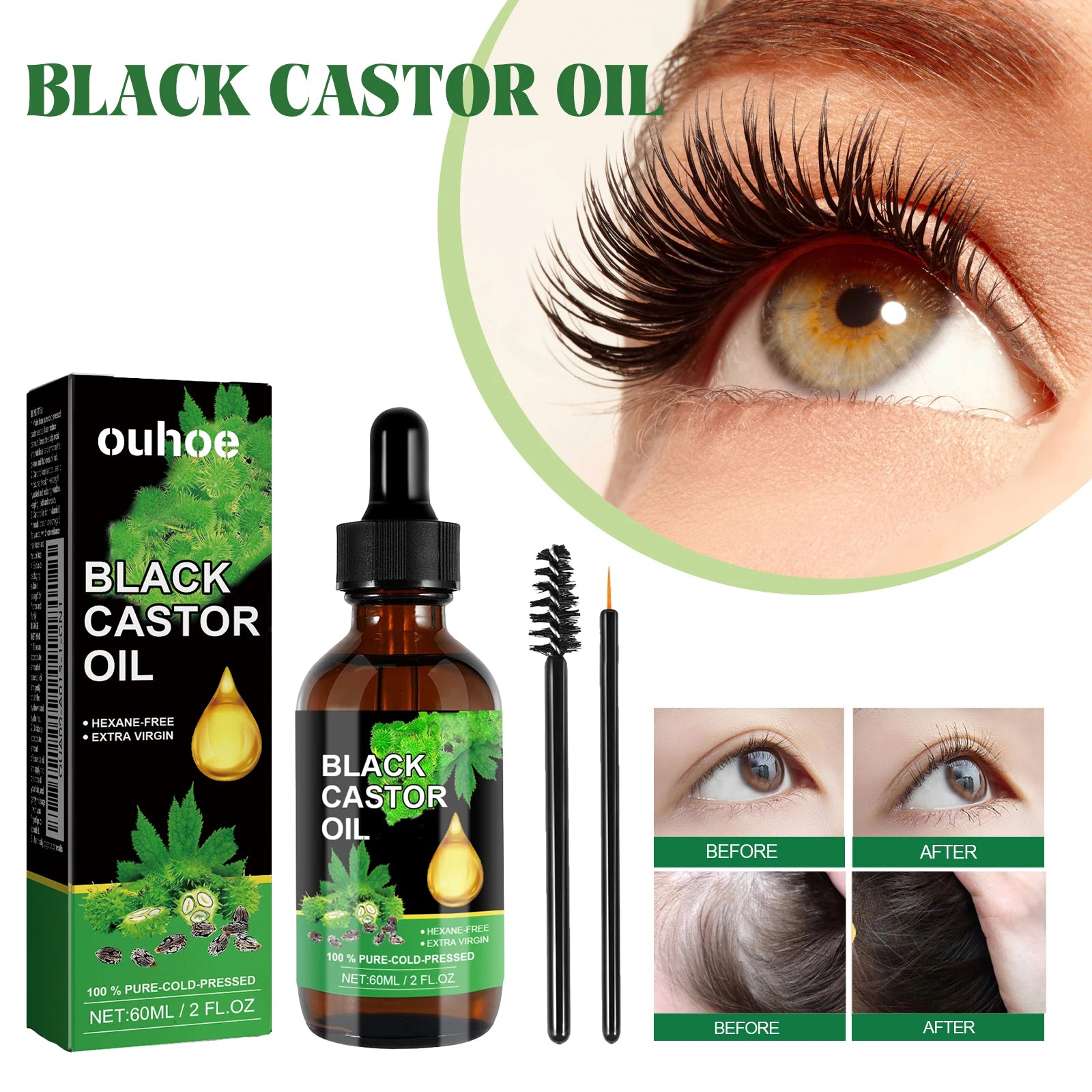 Ouhoe Organic Black Castor Oil – 60ml Hair Growth & Scalp Repair Serum