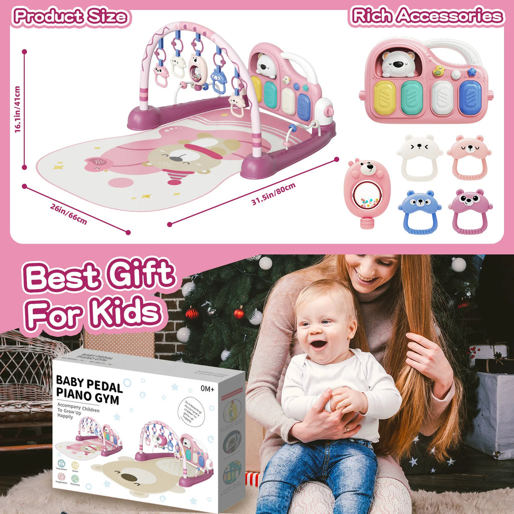 6-in-1 Baby Play Mat Gym 0-12 Months Pink – Kick Piano, Music, Lights, 5 Removable Toys+Bear Rattle – Tummy Time, Motor & Brain