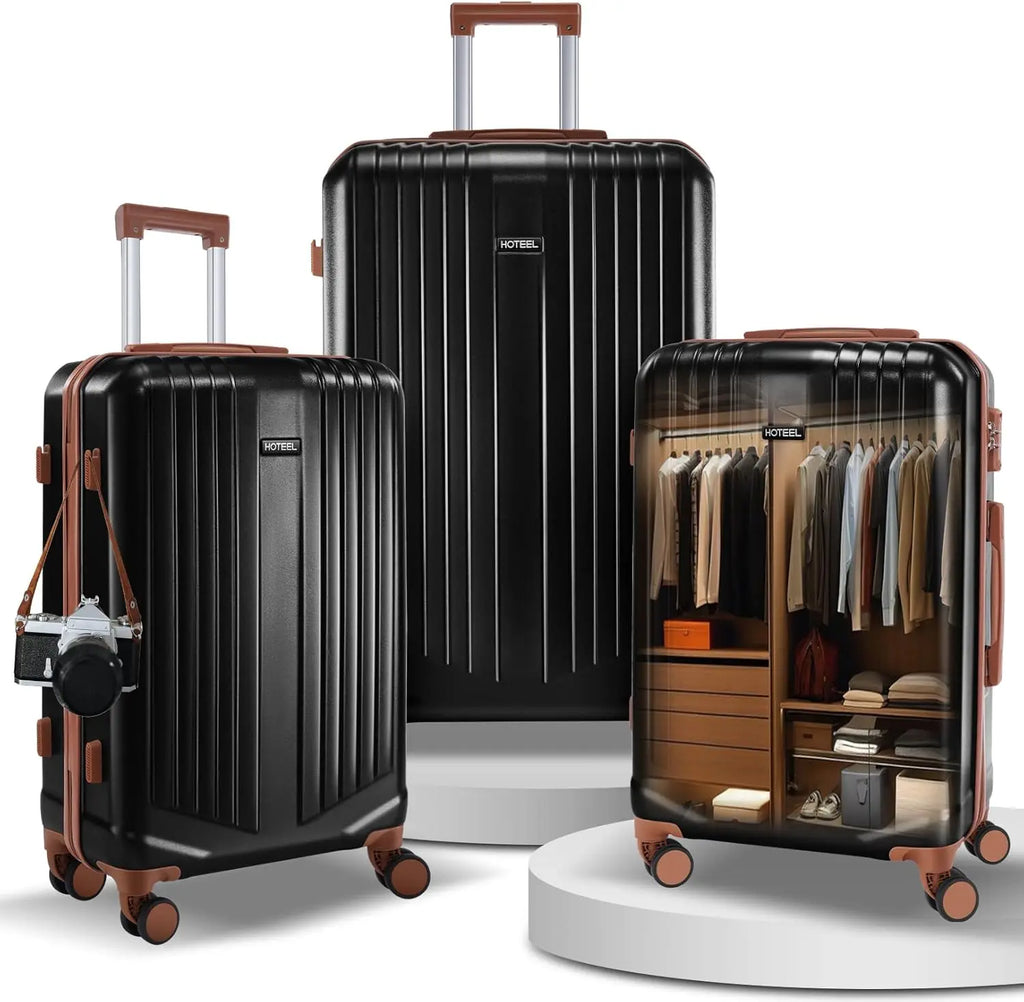 HOTEEL 3-Piece PC+ABS Hardshell Luggage Set | 360° Spinner Wheels, TSA Lock & Wet-Dry Organizer (20″/24″/28″)