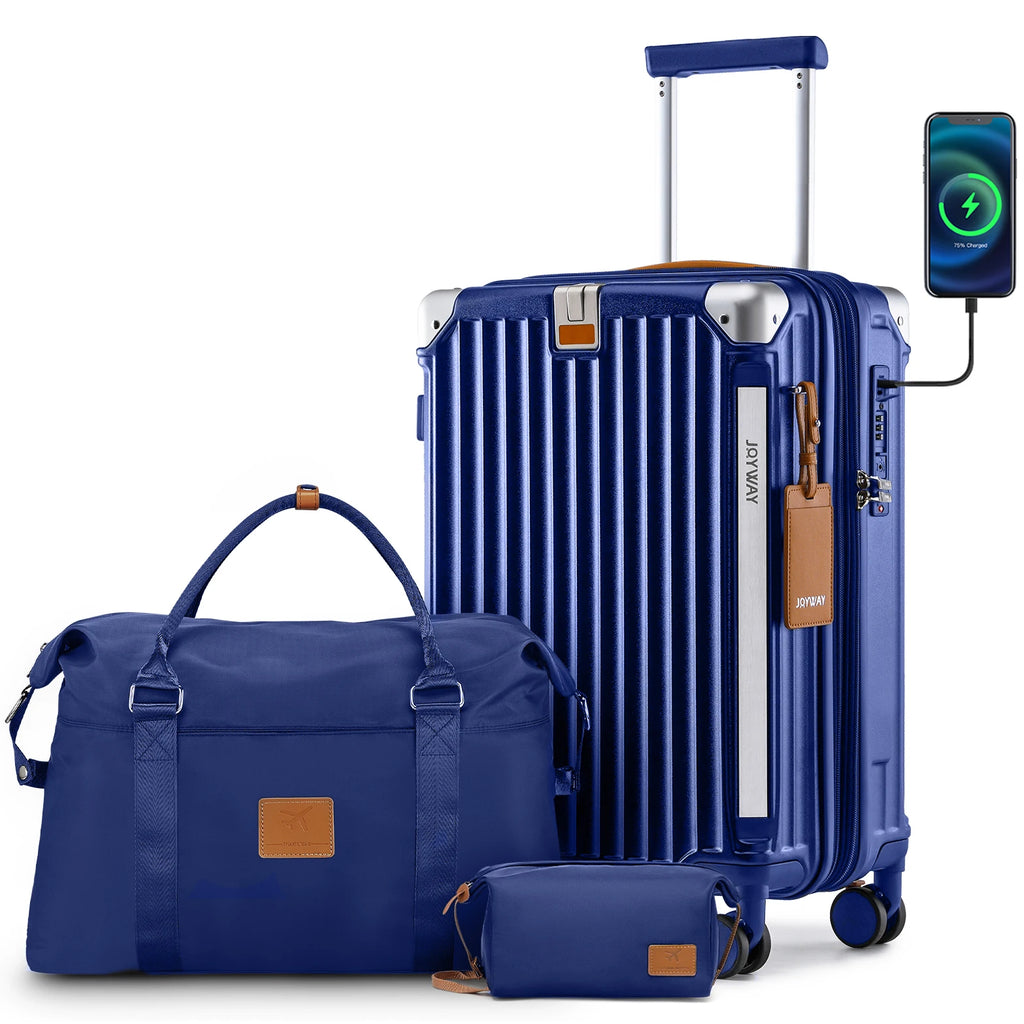 Joyway Luggage Sets 3 Piece, Expandable Suitcase with Smart Cup Holder and USB Port, Hardside Carry On Checked with TSA Lock