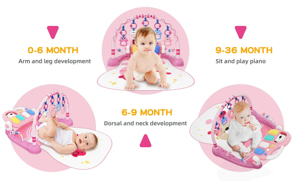 6-in-1 Baby Play Mat Gym 0-12 Months Pink – Kick Piano, Music, Lights, 5 Removable Toys+Bear Rattle – Tummy Time, Motor & Brain