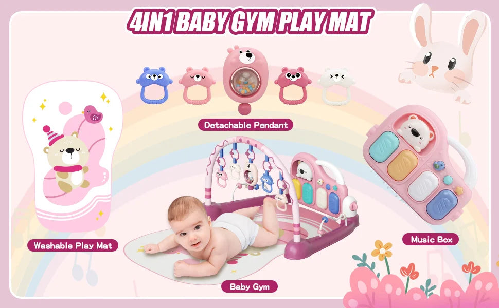 6-in-1 Baby Play Mat Gym 0-12 Months Pink – Kick Piano, Music, Lights, 5 Removable Toys+Bear Rattle – Tummy Time, Motor & Brain