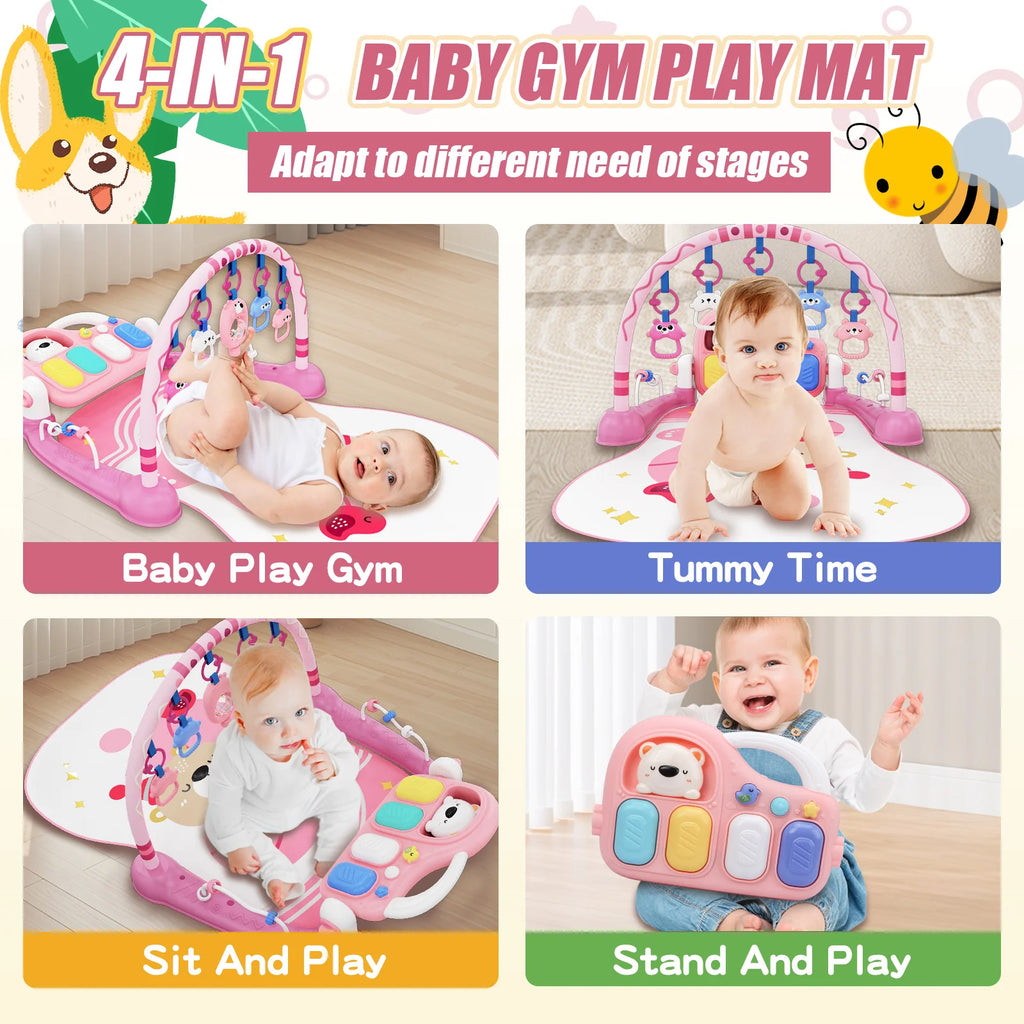6-in-1 Baby Play Mat Gym 0-12 Months Pink – Kick Piano, Music, Lights, 5 Removable Toys+Bear Rattle – Tummy Time, Motor & Brain