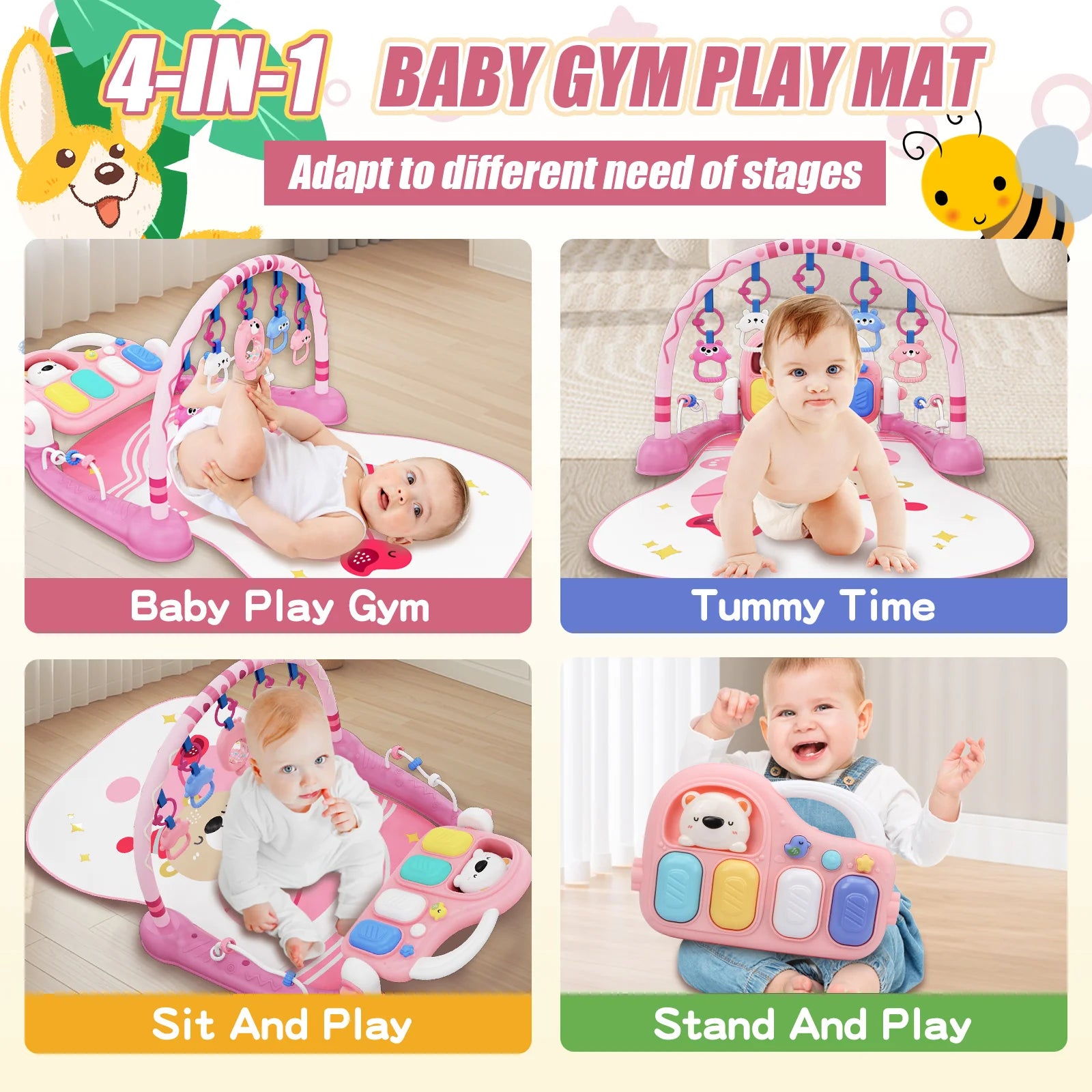 6-in-1 Baby Play Mat Gym 0-12 Months Pink – Kick Piano, Music, Lights, 5 Removable Toys+Bear Rattle – Tummy Time, Motor & Brain