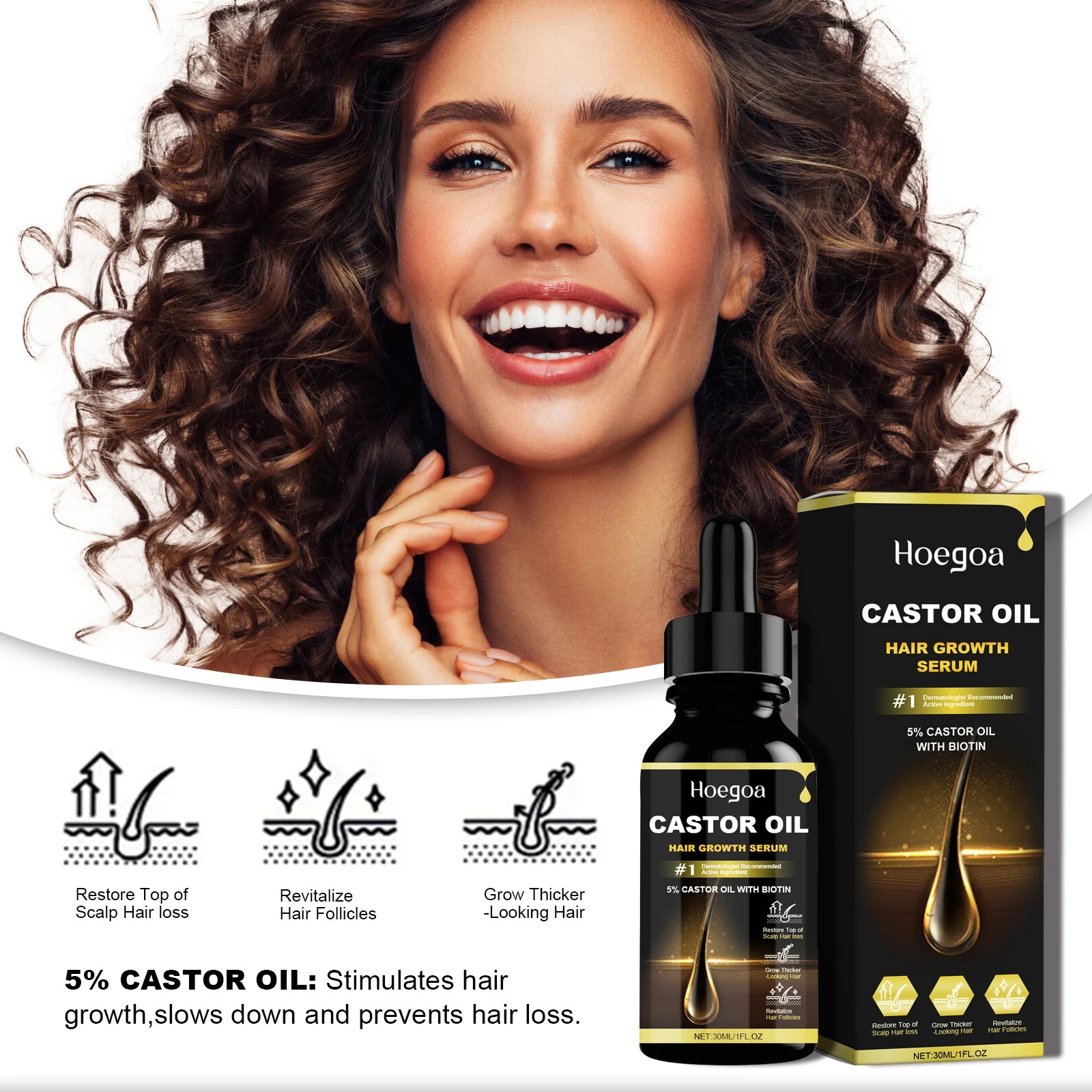 Hoegoa Castor Oil Hair Thickening Essential Oil – 30ml Nourishing Scalp & Growth Serum