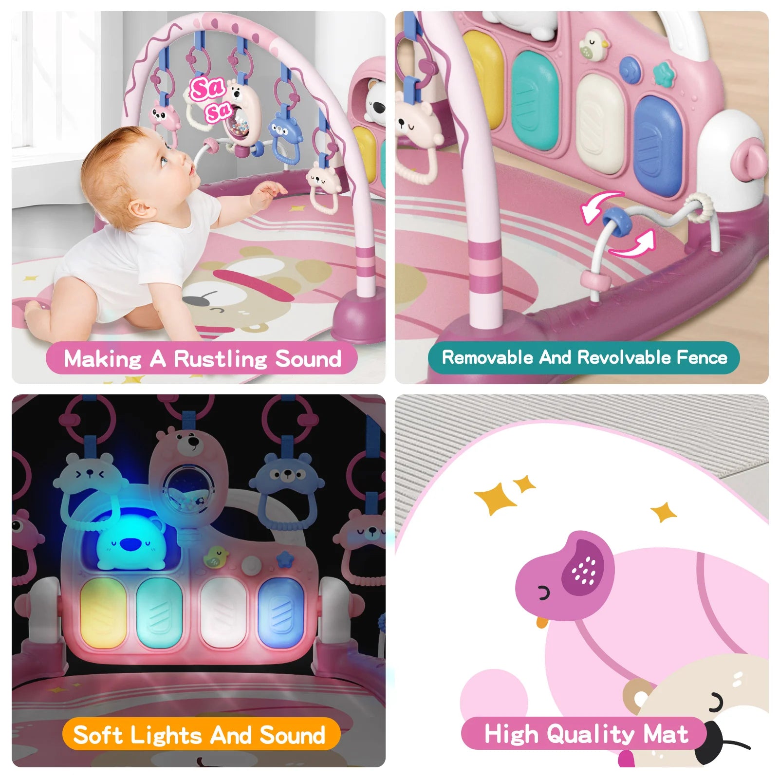 6-in-1 Baby Play Mat Gym 0-12 Months Pink – Kick Piano, Music, Lights, 5 Removable Toys+Bear Rattle – Tummy Time, Motor & Brain