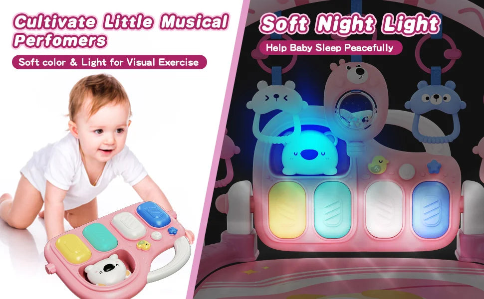 6-in-1 Baby Play Mat Gym 0-12 Months Pink – Kick Piano, Music, Lights, 5 Removable Toys+Bear Rattle – Tummy Time, Motor & Brain