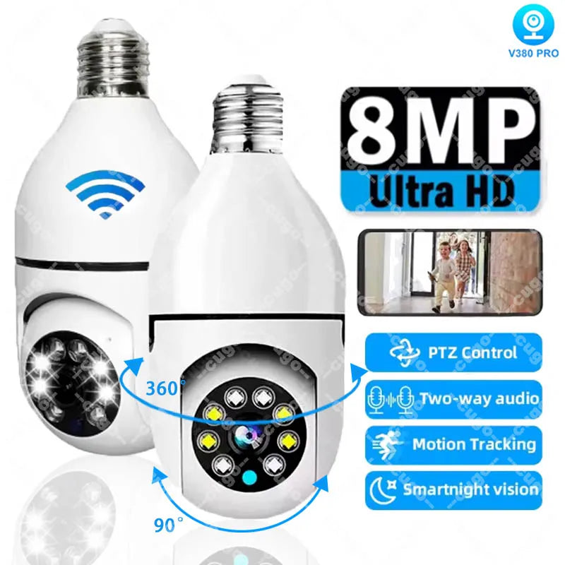 8MP E27 Bulb Surveillance Camera Wifi IP PTZ CCTV Camera 10X Zoom Color Night Vision Human Tracking Security Baby Monitor Cam