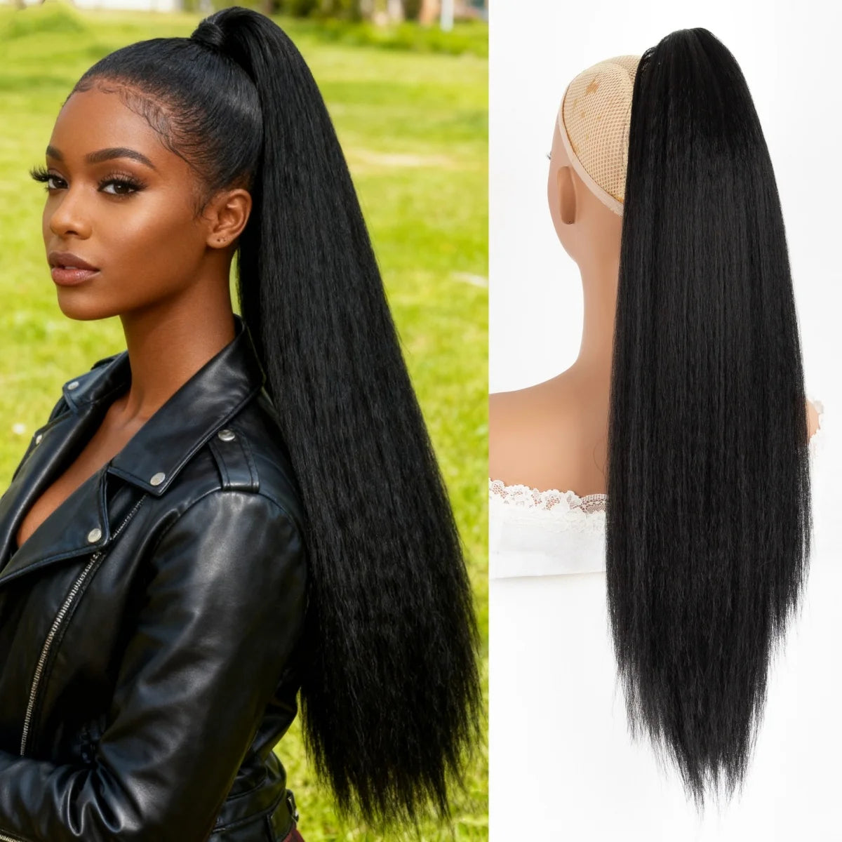 22 Inches Kinky Straight Clip-In Ponytail synthetic Hair Extensions for - Yaki Black Clip-On Ponytail with Natural Texture