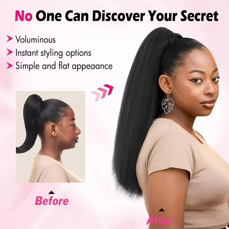 22 Inches Kinky Straight Clip-In Ponytail synthetic Hair Extensions for - Yaki Black Clip-On Ponytail with Natural Texture