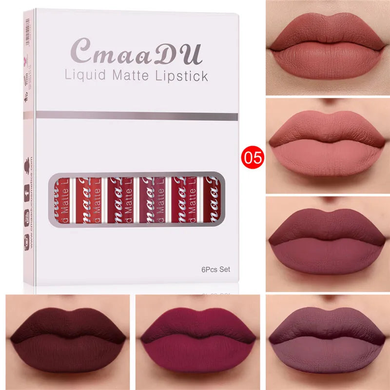 6 Colors/Set Fashion Matte Lip Gloss Sets Natural Moisturize Waterproof Lasting Velvet Sexy Red Liquid Lipstick Beauty Cosmetic