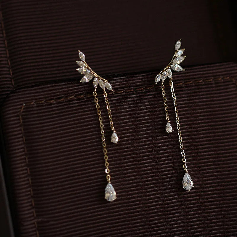 925 Sterling Silver Wing Stud Earrings | 14K Gold-Plated Pavé Crystal Tassel Luxury Jewelry