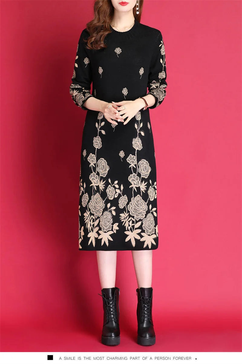6XL Women Temperament Sweater Dress 2022 Middle-Aged Female Autumn Winter Thick Fat Warm Long Sweater Knit Dress Women pullover