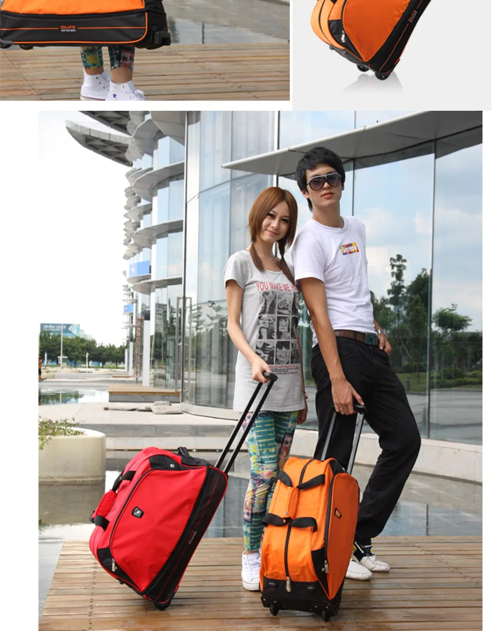 OIWAS Men Trolley Duffle Bag 56L Water-Repellent Foldable Rolling Suitcase Hand Luggage With Wheels Carry-On Bags Expansion Pack