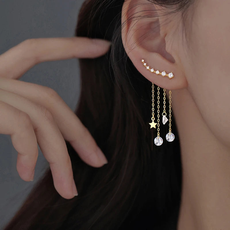 Silver Star Tassel Drop Earrings | Cubic Zircon Splittable Dangle Jewelry for Women