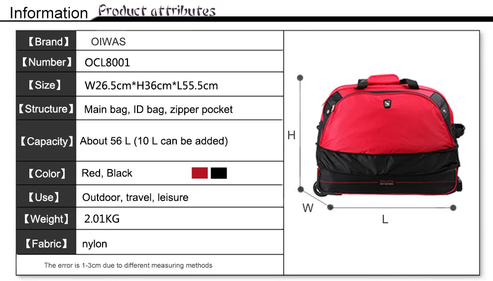 OIWAS Men Trolley Duffle Bag 56L Water-Repellent Foldable Rolling Suitcase Hand Luggage With Wheels Carry-On Bags Expansion Pack