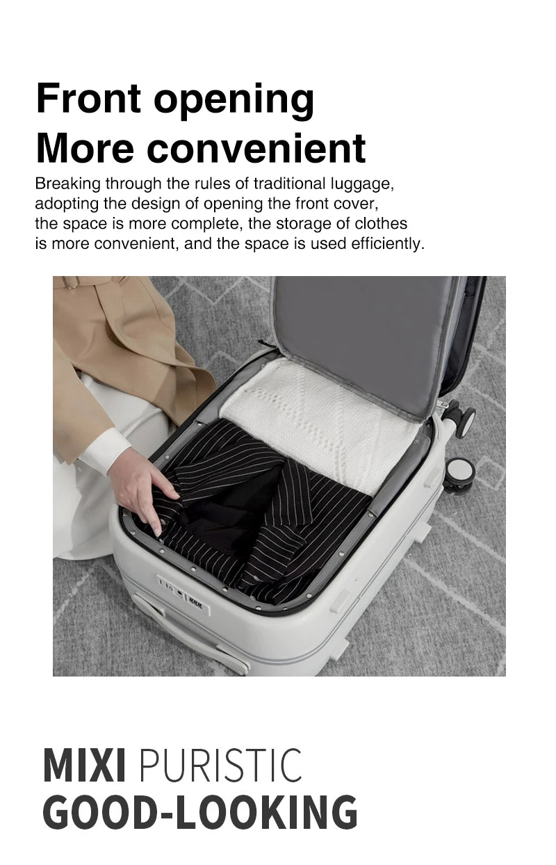 Mixi M9260 Aluminum-Frame PC Carry-On | Full-Front Quick Access, TSA Lock, 8 Spinner Wheels (18/20/24″)