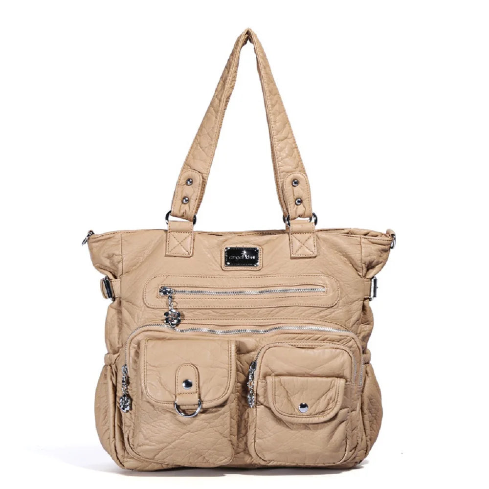 Women Handbags Multi-pockets Bag Brown PU Satchel Fashion Lady Shoulder Bag Vintage Casual Bags Tote Shoulder Purse