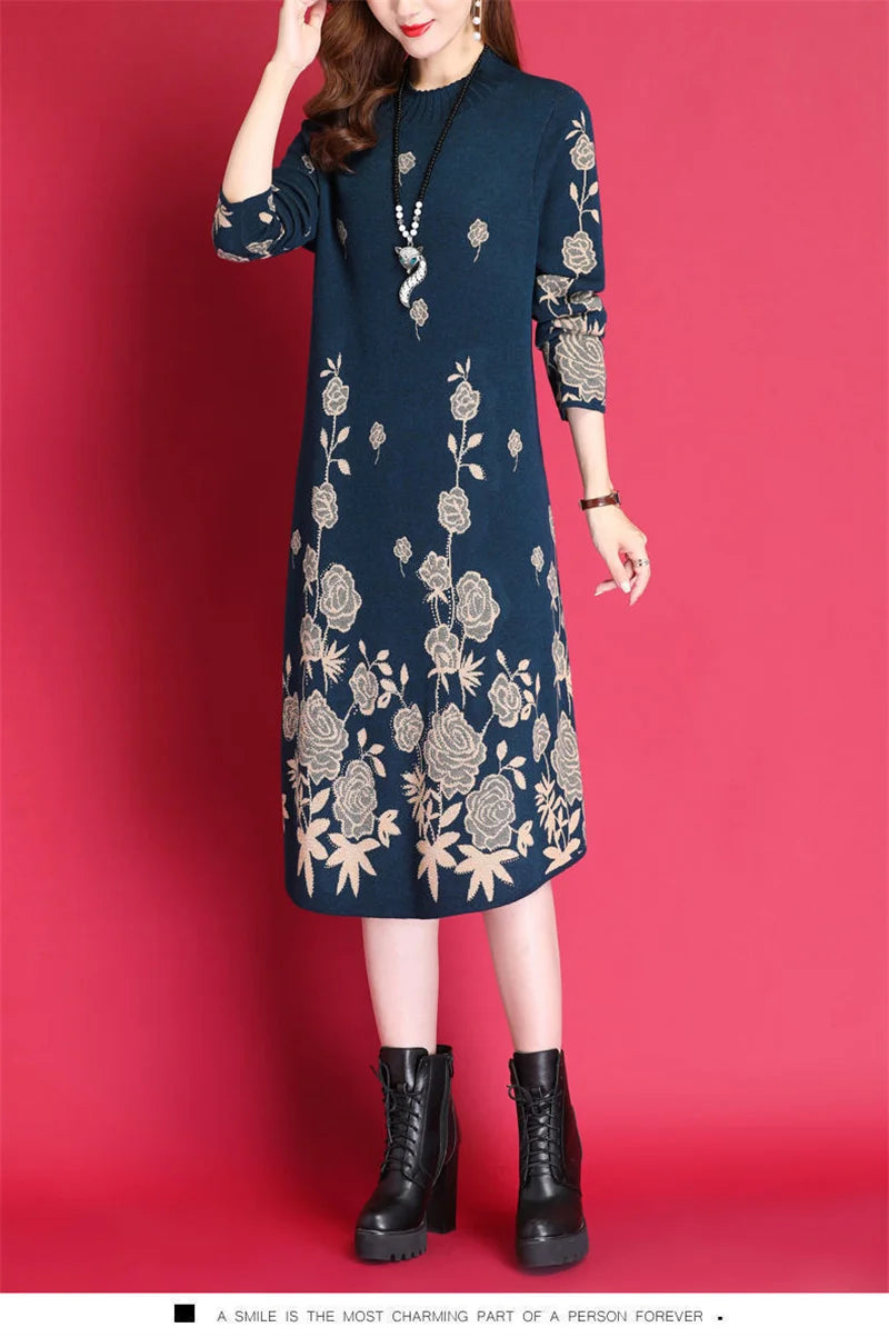 6XL Women Temperament Sweater Dress 2022 Middle-Aged Female Autumn Winter Thick Fat Warm Long Sweater Knit Dress Women pullover