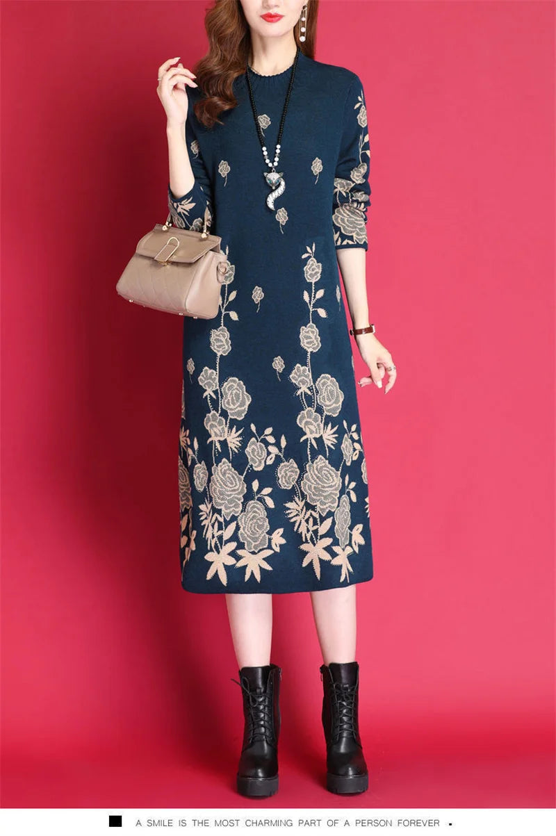 6XL Women Temperament Sweater Dress 2022 Middle-Aged Female Autumn Winter Thick Fat Warm Long Sweater Knit Dress Women pullover