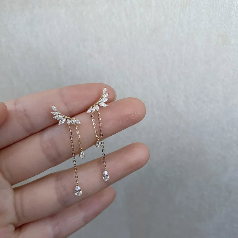 925 Sterling Silver Wing Stud Earrings | 14K Gold-Plated Pavé Crystal Tassel Luxury Jewelry