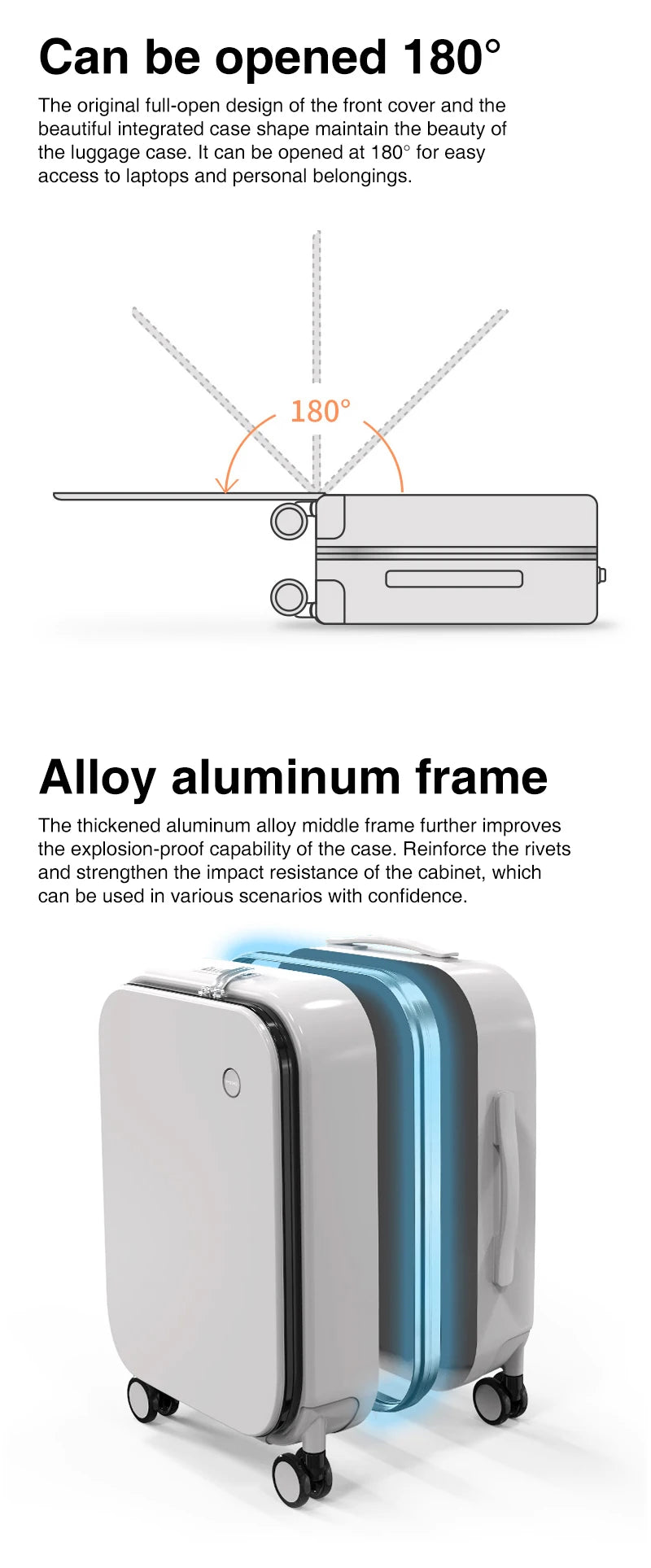 Mixi M9260 Aluminum-Frame PC Carry-On | Full-Front Quick Access, TSA Lock, 8 Spinner Wheels (18/20/24″)