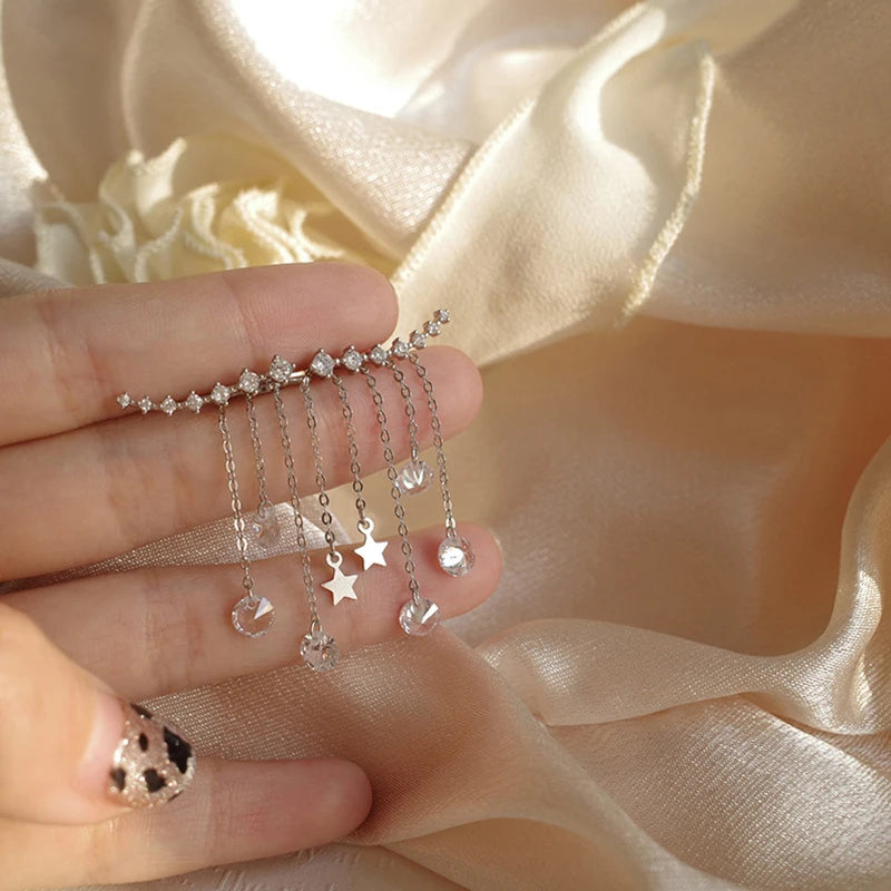 Silver Star Tassel Drop Earrings | Cubic Zircon Splittable Dangle Jewelry for Women