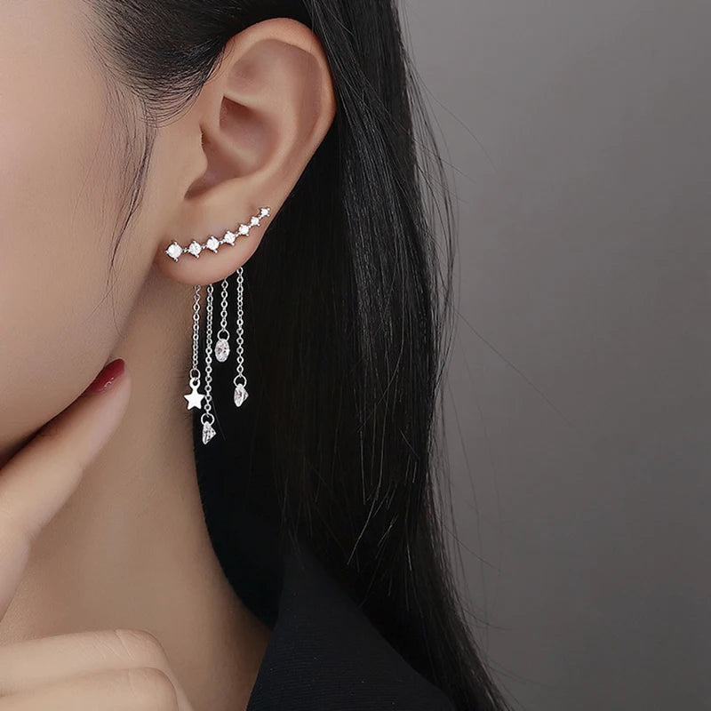 Silver Star Tassel Drop Earrings | Cubic Zircon Splittable Dangle Jewelry for Women