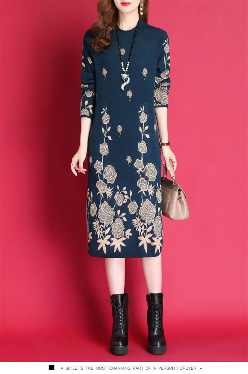 6XL Women Temperament Sweater Dress 2022 Middle-Aged Female Autumn Winter Thick Fat Warm Long Sweater Knit Dress Women pullover