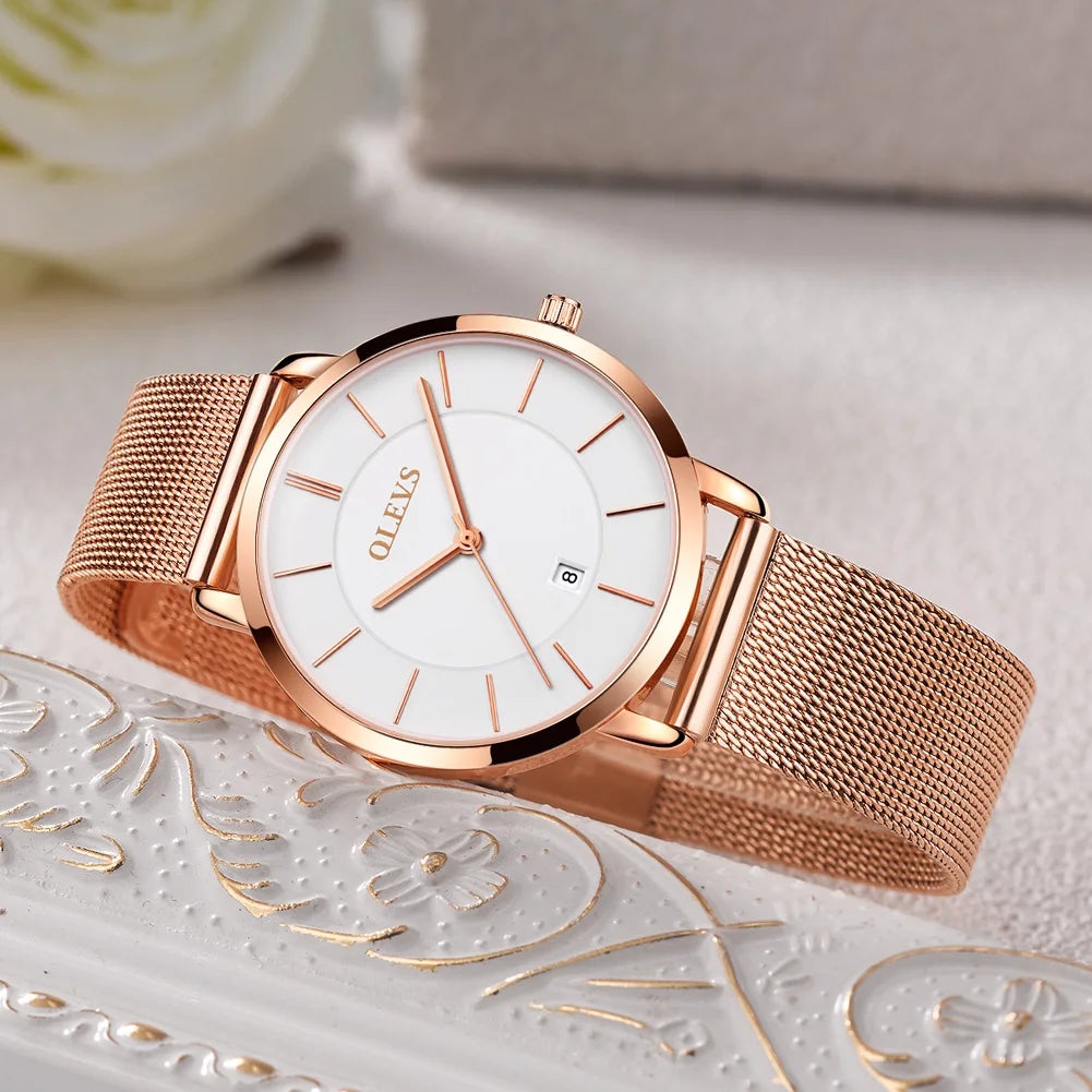 OLEVS Watches For Women Quartz Waterproof Watch Luxury Lady's Watch Stainless Steel Rose Gold Set Gift Box