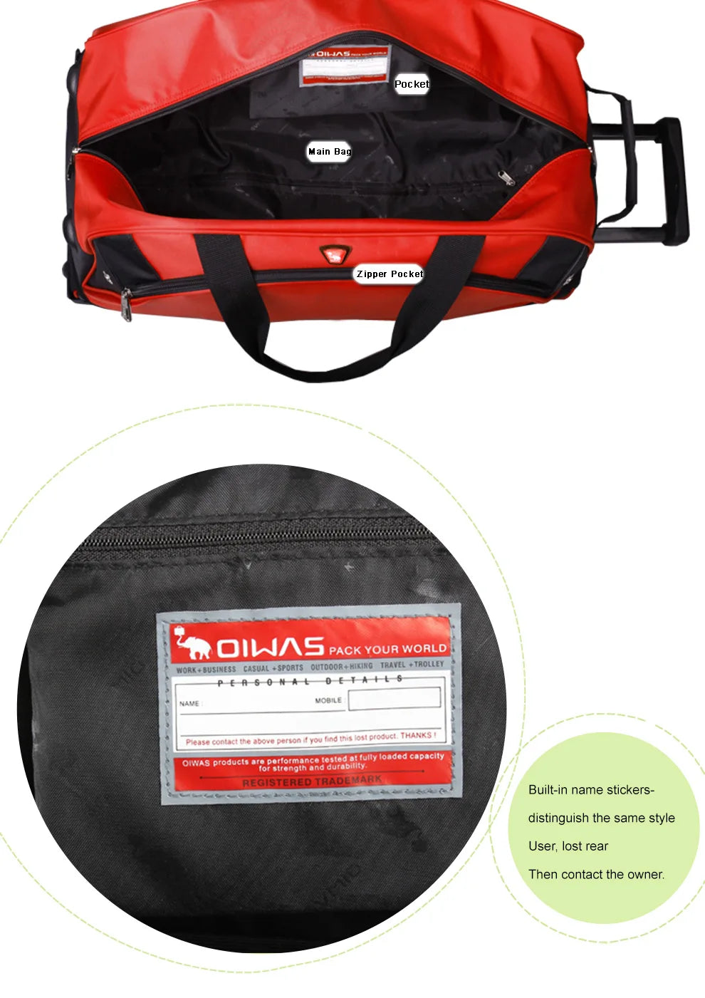 OIWAS Men Trolley Duffle Bag 56L Water-Repellent Foldable Rolling Suitcase Hand Luggage With Wheels Carry-On Bags Expansion Pack