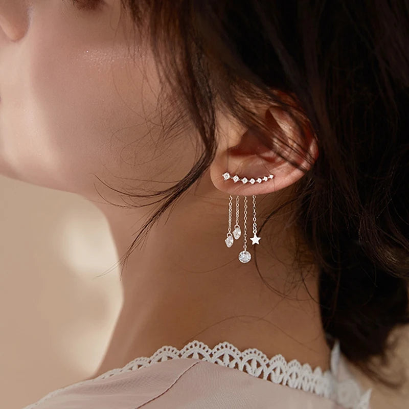 Silver Star Tassel Drop Earrings | Cubic Zircon Splittable Dangle Jewelry for Women